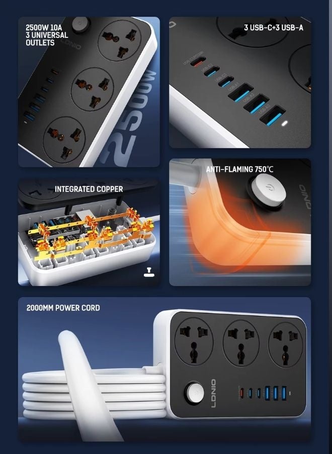 LDNIO Universal 3 Power Socket with 3 C Port 3 USB-A Extension – 2m Power Strip Charging Station, Perfect for Home/Office Use – Smart Auto-ID USB Ports, 2500W Surge Protection, Flame-Resistant, Black/Grey Rohs certification - Image 3